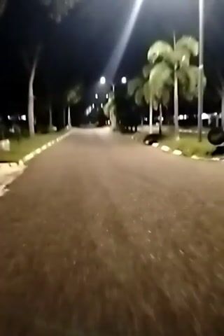 The video shows a view from a moving vehicle at night, likely on a road or path lined with palm trees and other vegetation. Streetlights illuminate the scene, casting a warm glow on the asphalt and the surrounding foliage. The road appears to be paved and has white markings along the edges. In the foreground, the shadow of a motorcycle is visible, indicating the perspective is from a rider. The overall atmosphere is calm and serene, with the darkness of the night contrasted by the artificial lighting. There is no visible text in the video. The location context suggests the scene takes place in Tambontunong, Indonesia.