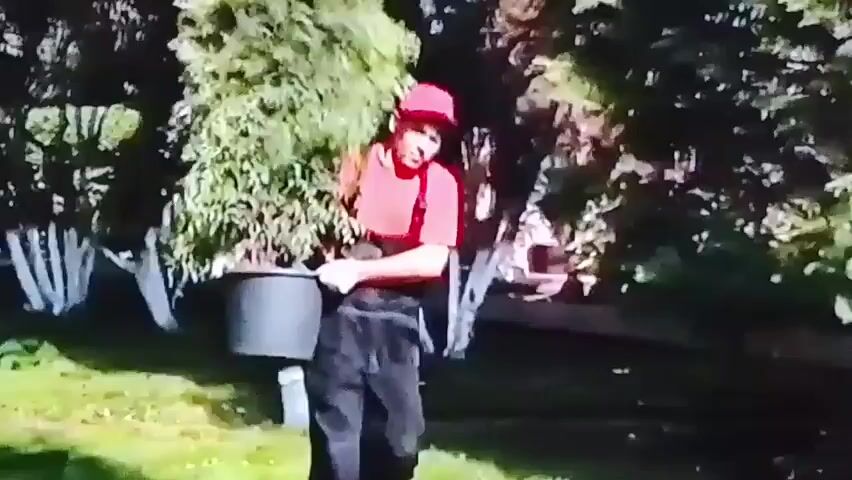 A man wearing a red shirt and a red baseball cap is shown holding a large potted plant. He appears to be walking, and the plant is positioned in front of him. In the background, another man in an orange shirt is visible holding a gardening tool. The scene takes place outdoors, with trees and grass surrounding the individuals. The lighting suggests it is daytime.