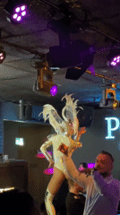 Costumed performers with feathered wings entertain nightclub crowd in Poland