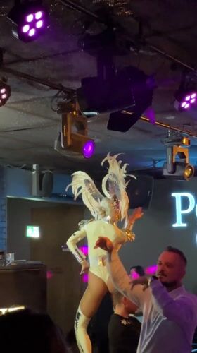 Costumed performers with feathered wings entertain nightclub crowd in Poland