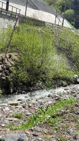 The camera pans from a rocky riverbank lined with trees to reveal a concrete bridge spanning a clear, shallow river. The river flows rapidly over the rocks and under the bridge, which is supported by thick, square columns. The surrounding area appears natural, with a mix of vegetation and rocky terrain. The video is shot during daylight.
