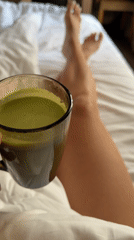 Morning matcha moment captured in Svetlogorsk bedroom