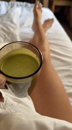Morning matcha moment captured in Svetlogorsk bedroom