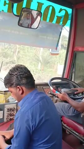 From the perspective of a bus passenger, the interior of a bus is visible. A driver in a gray shirt and pants grips the steering wheel, while another man in a blue shirt sits beside him. Outside the windows, trees and vegetation rush by, suggesting the bus is in motion. The bus interior features metal bars, a red seat, and a turquoise strip with yellow lettering along the top of the windshield. The driver uses the horn while driving the bus.