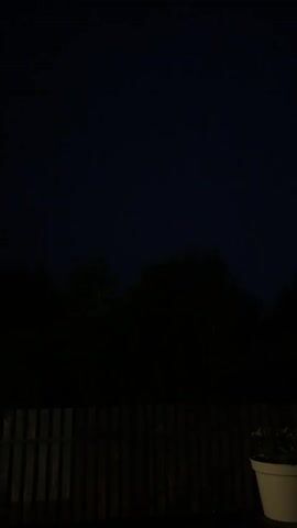 The video shows a dark outdoor scene at night. In the foreground, a wooden fence runs horizontally across the bottom of the frame. To the right of the fence, a white planter pot with some greenery is visible. Behind the fence, a line of dark trees forms a silhouette against a dimly lit sky. The sky is a dark, moody blue-grey with very faint pinkish hues near the horizon. The overall impression is a quiet, pre-dawn or late evening atmosphere.