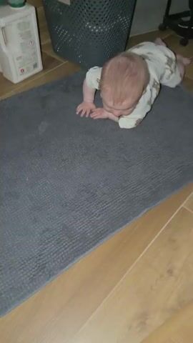 A baby is lying on its stomach on a grey rug. The baby is wearing a light-colored onesie with a pattern of brown teddy bears. The baby's head is slightly raised, and its eyes are looking forward. In the background, there is a large grey laundry basket and a white bottle with a green label. The floor appears to be made of wood. The lighting suggests an indoor environment, possibly a home. The baby is not actively moving in the visible frames.