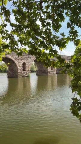 A stone bridge with arches crosses a body of water. The water is calm with gentle ripples. Green leaves hang from tree branches in the foreground, partially obscuring the view of the bridge. The sky is visible through the gaps in the leaves and appears to be partly cloudy. The bridge is constructed of rough-hewn stones and shows signs of age. The overall scene is peaceful and natural.