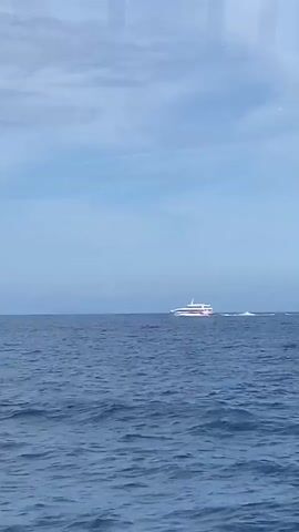 The video shows a white ferry traveling across a calm, blue sea under a blue sky with scattered clouds. The ferry is moving from left to right, leaving a white wake behind it. The video appears to be taken from inside another vessel, as indicated by the window frames visible at the top.