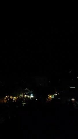 The scene is a nighttime cityscape, captured from an elevated position. Buildings are silhouetted against the dark sky, with scattered lights indicating habitation. There is a faint flash of lightning visible in the distant sky. The foreground is dominated by dark foliage.