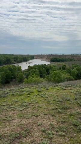This video captures a panoramic view of a river cutting through a verdant landscape under a cloudy sky. In the foreground, there is dry, grassy terrain with patches of green vegetation, suggesting a hillside or elevated position. The main focus is the wide, light brown river, which flows through a dense, lush green forest that lines both banks. Beyond the river and the immediate treeline, the landscape extends to higher ground or distant hills. The sky is overcast with a mix of white and grey clouds, indicating a cloudy but bright day. The scene conveys a sense of natural tranquility and vastness, likely captured in Meore Kesalo, Georgia. There are no people or specific activities visible.
