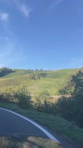 The video shows a moving shot of a rural landscape from a vehicle. The camera is positioned low and to the right, looking upwards and towards a rolling green hill covered in vegetation, possibly vineyards. The sky is a clear, bright blue with a few wispy white clouds. A road with a white line is visible in the foreground, suggesting the video is taken from a car in motion. Trees and bushes line the side of the road and the lower slopes of the hill. In the distance, on top of the hill, a few buildings are faintly visible. A white and black striped post, likely a road marker, is also seen on the left side of the road. The overall impression is a sunny day with a scenic view of the countryside.