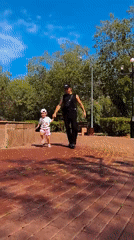 Strolling a brick park path in Karaganda, Kazakhstan