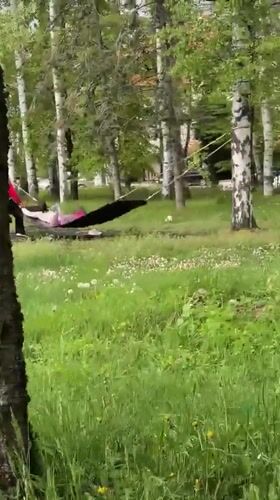 Children play around hammock in Bulgarian park