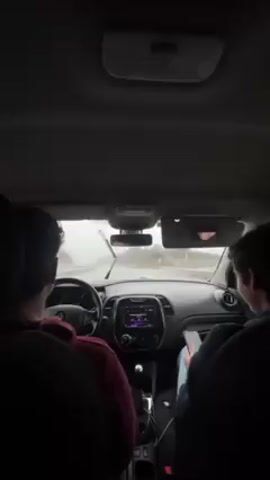 Two young men are in the front seats of a car. The man in the driver's seat is wearing a maroon-colored hooded sweater and is looking straight ahead through the windshield, handling the steering wheel. The passenger is in a blue long-sleeved shirt and is looking towards the driver. The windshield wipers are on. The car is moving, as seen by the changing scenery through the windshield. The road is visible through the windshield and appears wet and foggy. The dashboard of the car is visible in between the two people. The car's interior is mostly dark in color.