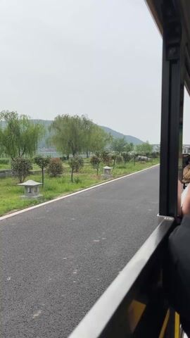 The video shows a view from inside a moving vehicle, likely a small electric bus or golf cart, traveling on a paved road.  The road has a yellow line on the right side and a white line on the left, separating it from a grassy area. This area is decorated with trees, bushes, and small stone markers. In the background, a lake is visible, bordered by a green hillside or mountain range. The sky is overcast.  The vehicle's frame is visible, and the side mirror reflects the driver or another passenger.  The person in the mirror is wearing a beige top. Someone inside the vehicle can be heard speaking.