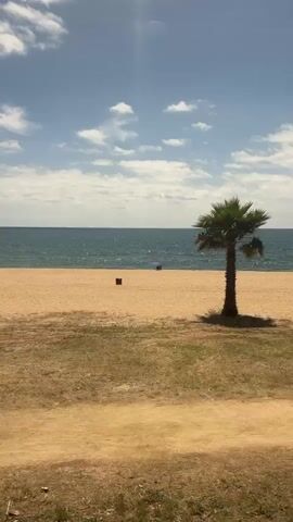 The video presents a serene panoramic view of a sandy beach in Sant Pol De Mar, Spain, under a bright, sunny sky with scattered white clouds. The scene is likely set during midday or early afternoon, given the strong overhead sunlight.

The deep blue sea, with gentle waves, stretches out to the horizon, where faint shapes of distant boats can be seen. The beach itself is wide and composed of light brown, dry sand, bordered by some sparser, grassy areas closer to the camera.

As the camera slowly pans from left to right:
Initially, a solitary figure is seen standing near the water's edge on the left, possibly carrying a backpack, with another person visible further right under a small blue beach umbrella.
The pan reveals a rustic beach shack, likely a chiringuito (beach bar or restaurant), with a white roof and wooden walls. Various items, possibly supplies or equipment, are visible outside. A small palm tree stands next to the shack.
Further along the beach, a more organized area comes into view, featuring several tables and chairs shaded by white umbrellas, suggesting an outdoor dining or lounge section. A few people are seated there.
The pan continues to show more open sandy beach, with a prominent small palm tree in the foreground. On the far right, a person wearing a red top and a hat is seen walking leisurely across the sand, while other individuals are visible closer to the water's edge. A dark trash bin is also seen on the sand.

The overall impression is one of a calm, inviting beach environment, perfect for relaxation and enjoying the seaside, with basic amenities available for beachgoers. No specific text is legible in the video.
