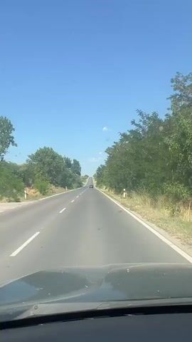 The video shows a point-of-view shot from inside a vehicle traveling on a paved two-lane road under a clear blue sky. The road is flanked by trees and vegetation. The vehicle is moving forward, and the camera captures the road ahead, which appears to curve slightly to the left in the distance. There are white lane markings visible on the road. A few small, dark objects, possibly insects or debris, are visible in the air in front of the windshield. The dashboard of the vehicle is visible in the foreground. In the distance, another vehicle can be seen traveling in the same direction. Several red and white striped poles are visible along the side of the road on the right. The overall environment suggests a rural or semi-rural setting during daylight hours.