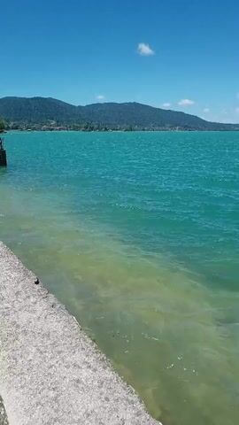 The video captures a panoramic view of a clear turquoise lake on a sunny day. Gentle waves ripple across the water's surface, transitioning from a lighter, sandy hue near the shore to a deeper blue further out. The shoreline is marked by a concrete embankment on the left. In the background, a range of lush green mountains forms a scenic backdrop, with a scattering of buildings and trees visible along their lower slopes and summits. The sky is a vibrant blue, with a few wispy white clouds drifting lazily. The camera pans slowly across the expansive landscape, showcasing the tranquility and natural beauty of the lakeside environment.