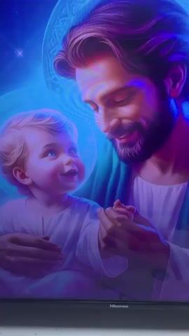 The video is a close-up shot of a digital painting that depicts a man with brown hair and a beard holding a baby. The man is wearing a white robe and has a halo around his head. The baby is also wearing a white robe and has blue eyes. The background of the painting is a starry sky with a blue and purple glow. The painting appears to be displayed on a television screen, as indicated by the "Hisense" logo at the bottom of the screen. The lighting in the scene is dramatic, with strong blue and purple hues illuminating the subjects. There is no discernible action or interaction occurring in the video beyond the static depiction within the painting.