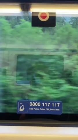 The video shows a close-up view from inside a moving train, looking out the window. The window has a sticker on it with emergency contact information. The sticker is blue and white and features a phone icon with "SOS" next to it. Below this are the numbers "0800 117 117" and text that reads "SBB Police, Police CFF, Police FFS". The background outside the window is a blur of green foliage, indicating a fast-moving train passing through a wooded or vegetated area. A red circular button is visible at the top of the window frame.