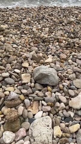 The video shows a close-up view of a rocky beach with the ocean waves gently washing ashore. The camera is positioned low, focusing on the diverse assortment of smooth, rounded pebbles that make up the beach. In the background, the sea is visible with small waves breaking, and a larger rock or island can be seen in the distance. The sky is overcast, creating a muted, natural light over the scene. The overall atmosphere is peaceful and serene, capturing the natural beauty of a coastal environment.
