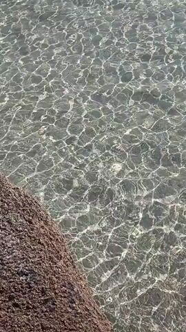 The video shows a close-up view of clear, shallow water with sunlight creating shimmering patterns on the surface. In the foreground, a large, rough, dark-colored rock is visible, partially submerged in the water. The camera is positioned above the rock and water, looking down. The scene is serene and natural, likely depicting a beach or rocky shoreline.