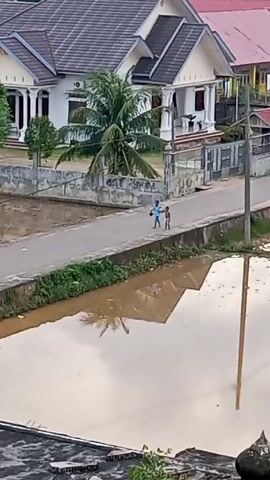 The video shows two children running on a concrete path next to a waterway filled with muddy water. The child in front wears a blue shirt and the child behind wears a light-colored shirt. Both are moving to the right. The path runs between flooded areas on either side. In the background is a white house with a gray roof and a palm tree. The video is taken from an elevated position, possibly from a building, with the foreground showing a dark, textured surface. The muddy water reflects the house and the sky.