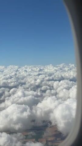 The video shows a view from an airplane window looking down at a vast expanse of white, puffy clouds. The sky above is a clear, deep blue. Patches of the ground are visible through breaks in the clouds, appearing as a mix of brown and green agricultural fields. The angle suggests the plane is flying at a high altitude. The airplane window frame is visible on the right side of the shot, partially obscuring the view. There are no people or specific objects on the ground or in the sky that are discernible, other than the clouds and the earth below. The scene is static, with no apparent movement other than the subtle shifts in perspective that occur during flight.
