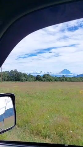 A shot from inside a vehicle looks out over a grassy field towards a distant mountain range. The sky is blue with scattered white clouds. The field is green and appears to be natural grassland with some wildflowers. A line of trees borders the far side of the field, and behind the trees, snow-capped mountains rise into the sky. One prominent, cone-shaped volcano is visible, distinct from the other peaks. Power lines with poles are visible in the middle ground, stretching across the landscape. The side mirror of the vehicle is partially visible in the lower left corner of the frame.