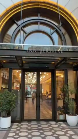The video displays the exterior of a building with the word "ANNIVERSAIRE" written above the entrance. The entrance consists of a pair of glass doors framed by dark metal. Above the glass doors, an arched window is set within a similar dark metal frame, accented by a curved light fixture. Two potted plants sit on either side of the entrance. A patterned sidewalk extends to the entrance. Through the glass doors, one can see people inside the building.