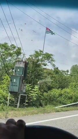 The video shows a flag flying on a flagpole on a grassy hill. The flag is red, white, and green. There are trees and bushes surrounding the hill. A road with a guardrail is visible in the foreground. A hand is visible in the lower left corner of the frame, suggesting the video is being filmed from a vehicle. The sky is cloudy.