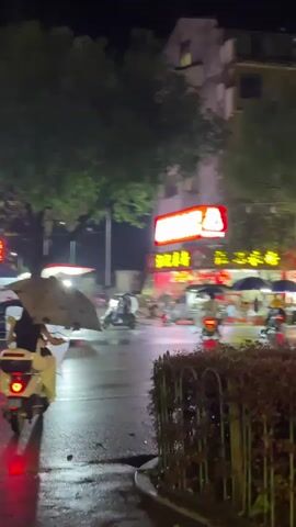 The video shows a nighttime street scene in what appears to be an Asian city. Rain is visible on the street, causing reflections from the streetlights and neon signs. Several people are visible, some under umbrellas, near brightly lit storefronts with red and yellow signage featuring cartoon characters. Motorized scooters and a few cars are also present. Trees and shrubbery partially obstruct the view in the foreground. A blue parking sign is also visible on a pole near the street. The overall atmosphere is wet and dimly lit, with the bright storefronts providing the main sources of illumination.