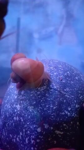 This is a close-up, slightly blurry video of a snail on a dark, speckled object, likely a rock or decorative item in an aquarium. The snail is a reddish-orange color with a lighter shell. It appears to be moving slowly. The background is a vibrant blue, suggesting an underwater setting. Hints of other aquatic elements, possibly plants or other fish, can be seen in the distance, also out of focus. The lighting is predominantly blue, typical of aquarium lighting. There is no visible text in the video. The overall impression is a peaceful, albeit indistinct, glimpse into an aquatic environment.