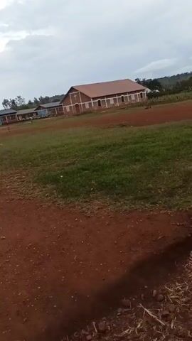The video shows a view across a red dirt field in a rural area. In the distance, there's a church with a cross on its facade and a school building, where children are running. As the video progresses, the camera focuses on a partially collapsed wall. The ground is covered in red dirt and some sparse vegetation. The sky is overcast.