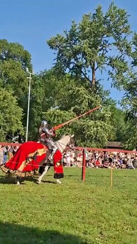 Two knights on horseback charge at each other, each holding a lance. The knight on the left wears silver armor and rides a white horse adorned with a red and gold cloth. The knight on the right wears dark armor and rides a black horse with a red cloth. They are in a grassy field with a line of spectators behind a red barrier. Large trees are visible in the background under a clear blue sky.
