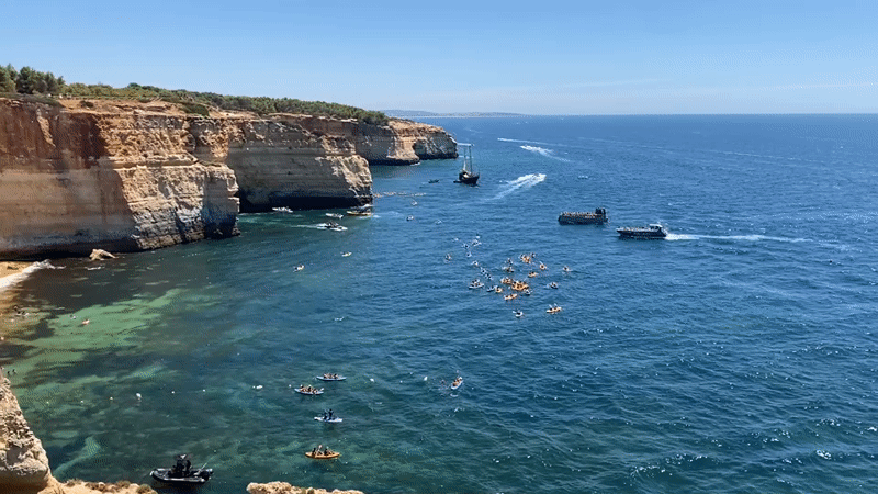 Algarve sandstone cliffs meet the Atlantic at Lagoa