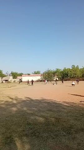 The video shows a group of people playing cricket on a field under a clear, bright sky. The field has both grassy and dirt sections, and there are trees around the edges, with a building visible in the background. Some of the people are standing or walking, while others are crouching or preparing to engage in the game. The players are spread out across the field, with some closer to the camera and others further away.