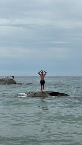 A man stands on a large rock in the ocean. He is wearing dark blue swim trunks. He has his arms outstretched to his sides, and he is looking at the camera. The water is a clear blue-green, and there are other rocks visible in the background. The sky is cloudy.