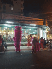 Pink lion dancers perform outside a busy restaurant at night
