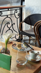 Bird feeds on cake at Belgrade cafe table