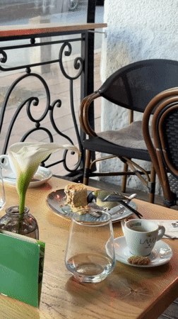 Bird feeds on cake at Belgrade cafe table