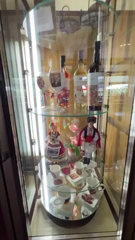 The video shows a glass display cabinet with several shelves. On the top shelf are three bottles of alcohol and some glasses. The middle shelf has two decorative figurines, one of a woman in traditional clothing and one of a man in traditional clothing, along with some decorative flowers. The bottom shelf contains several white cups and saucers, and some small decorative items.

The video then pans to a wooden wall with shelves displaying several bottles of Aperol. There are also some decorative items on the shelves, including a deer skull, a small wooden sign that says "LAUNE," and several small ceramic figurines of ducks and chickens. Some of the bottles appear to have red lights shining on them from above.