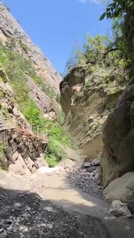 A person walks across a narrow footbridge suspended above a rocky, dry riverbed within a steep, narrow canyon. The canyon walls are lined with vegetation and appear to be composed of sedimentary rock. The sky is clear and blue. The footbridge is constructed of wood and metal and is equipped with a handrail. The person is wearing a green shirt and dark pants.