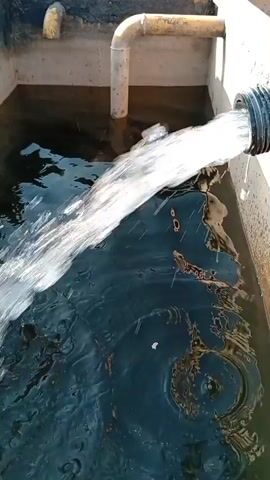 Water is being pumped into a concrete tank from a black hose. The water is clear and white, creating ripples as it enters the darker water in the tank. There is a white pipe sticking out of the water in the background.