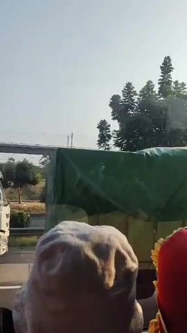 A low-angle shot shows the backs of two heads, one wearing a light-colored bucket hat and the other a red object. The scene appears to be from inside a vehicle, looking out. In the background, a large green tarp covers the top of a yellow truck. Further in the distance, a concrete overpass with railway tracks spans across the frame. Trees and foliage are visible on either side of the overpass, and the sky is a clear, pale blue. The lighting suggests it is daytime, possibly morning or late afternoon due to the soft sunlight.