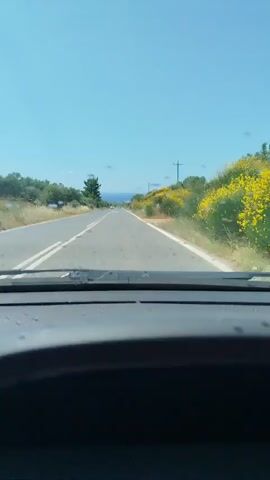 The video shows a view from inside a car driving on a road on a sunny day. The road is paved with white lines dividing the lanes. On either side of the road, there are trees, bushes, and some yellow flowers. The sky is clear and blue. In the distance, the sea can be seen. A white car passes by in the opposite direction.