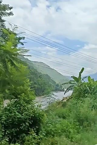 This is a video of a roadside view of a lush green mountainside with a cloudy sky. Power lines are visible across the top of the frame. Dense vegetation, including banana trees, covers the slopes. In the foreground, there is tall grass and some scattered debris. A small, open-air structure with a blue roof and a bench is visible on the right side of the frame. The scene suggests a rural or mountainous area with signs of human presence, such as the power lines and the shelter.