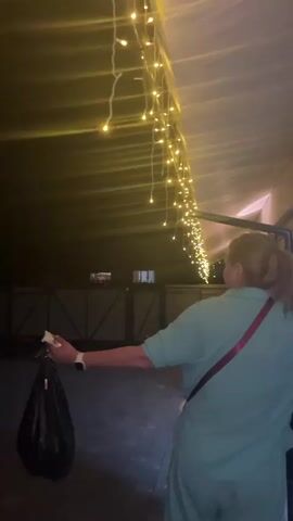 Here's a description of the video:

The video shows a woman walking into frame. She is wearing a light blue button-down shirt, light pants, and a red strap across her shoulder. She has her blonde hair pulled back in a ponytail. She is carrying a black mesh bag and a lighter in her hands. She stops under a string of hanging warm-toned lights and lights a cigarette, placing it in her mouth. She is looking at the camera. The area appears to be an outdoor space. The background is dimly lit. A metal gate is visible in the background.