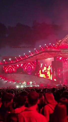 This is a vertical video captured from the perspective of someone in a large crowd at a nighttime outdoor concert or festival. The crowd is dense and faces a brightly lit stage in the distance. The stage features large screens displaying visuals, and numerous lights, predominantly red, illuminate the scene. Several performers are visible on stage, and some audience members in the foreground are illuminated by the stage lights, some raising their hands. The sky above is dark, with clouds tinged red by the stage lighting.