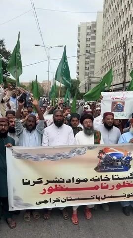 A group of men are gathered in a street, holding up green flags and banners. Many of the men are wearing traditional Islamic clothing, such as turbans and long robes. Some of the men are raising their hands in the air, and one man is speaking into a microphone. A large banner in the foreground reads "NO TO BLASPHEMY" in Urdu. The background shows a tall building and a cloudy sky.